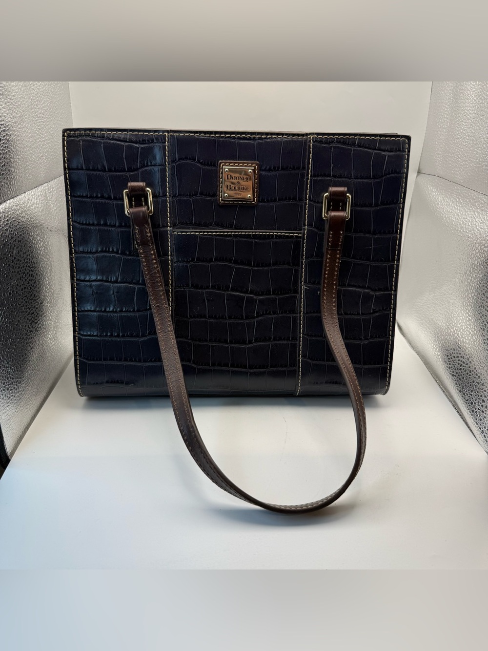 Dooney & Bourke Croco Embossed Leather Tote Bag with Dark Grey With Brown Straps